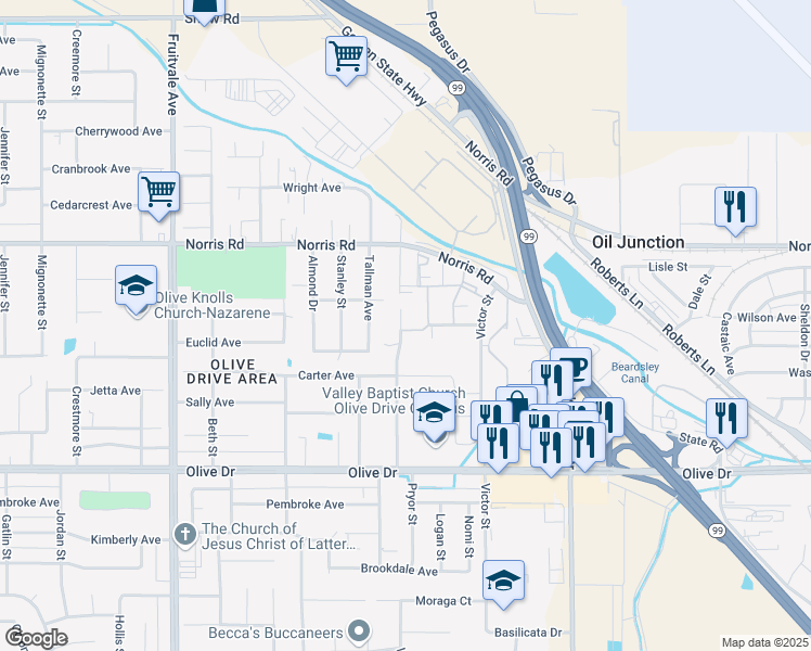 map of restaurants, bars, coffee shops, grocery stores, and more near 5728 Castlegate Lane in Bakersfield