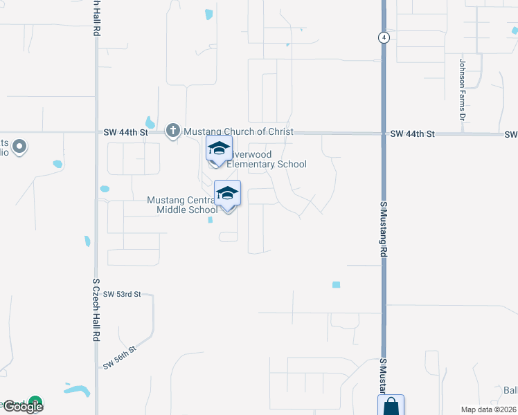 map of restaurants, bars, coffee shops, grocery stores, and more near 11749 Southwest 54th Street in Mustang