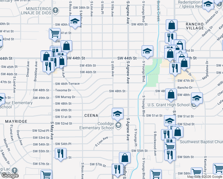 map of restaurants, bars, coffee shops, grocery stores, and more near 2501 Southwest 48th Street in Oklahoma City