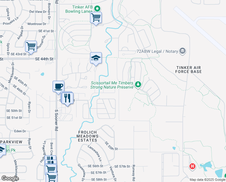 map of restaurants, bars, coffee shops, grocery stores, and more near 6200 Southeast 47th Street in Oklahoma City