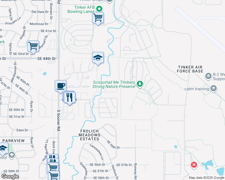 map of restaurants, bars, coffee shops, grocery stores, and more near 6200 Southeast 47th Street in Oklahoma City