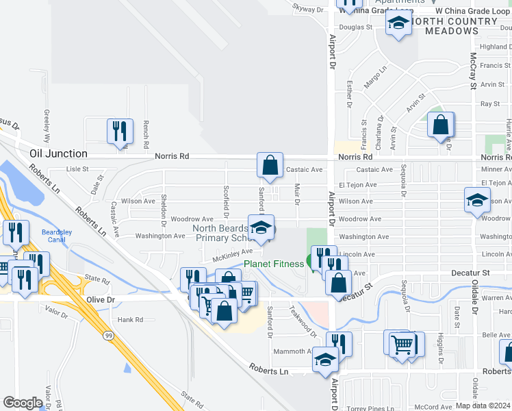 map of restaurants, bars, coffee shops, grocery stores, and more near 1103 Wilson Avenue in Bakersfield