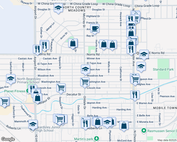 map of restaurants, bars, coffee shops, grocery stores, and more near 421 Wilson Avenue in Bakersfield
