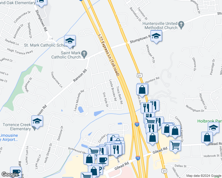 map of restaurants, bars, coffee shops, grocery stores, and more near 15253 Leslie Brooke Road in Huntersville
