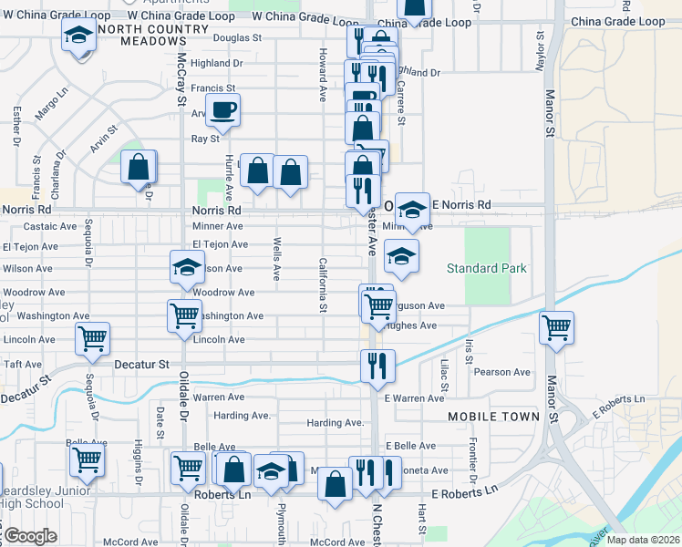 map of restaurants, bars, coffee shops, grocery stores, and more near 110 Woodrow Avenue in Bakersfield