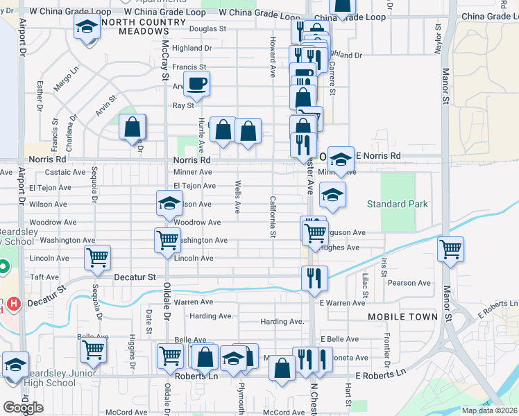 map of restaurants, bars, coffee shops, grocery stores, and more near 220 Woodrow Avenue in Bakersfield