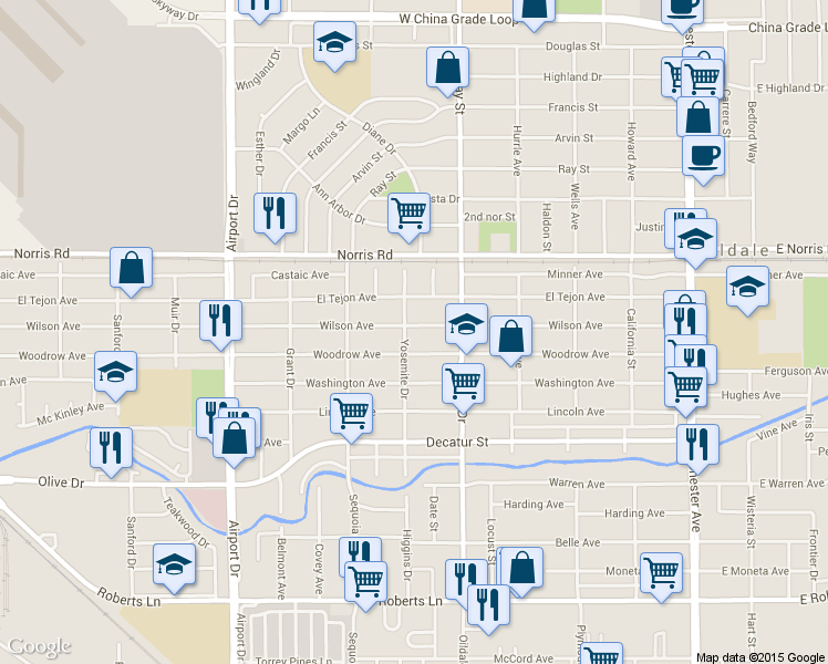 map of restaurants, bars, coffee shops, grocery stores, and more near 600 Woodrow Avenue in Bakersfield