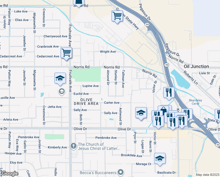 map of restaurants, bars, coffee shops, grocery stores, and more near 6308 Almond Drive in Bakersfield