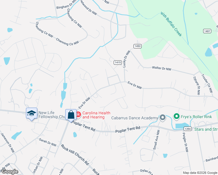 map of restaurants, bars, coffee shops, grocery stores, and more near 3317 Eva Drive Northwest in Concord