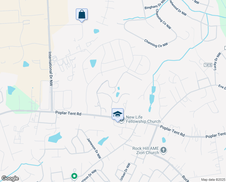 map of restaurants, bars, coffee shops, grocery stores, and more near 4150 Poplar Tent Road in Concord