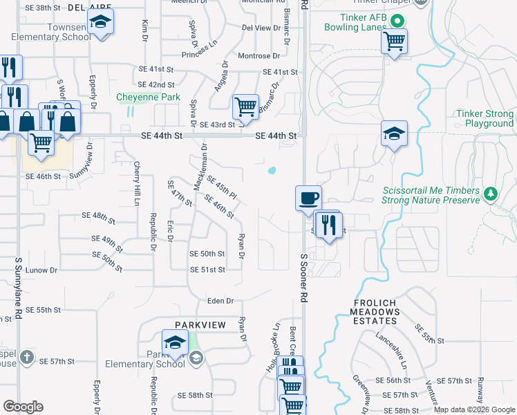 map of restaurants, bars, coffee shops, grocery stores, and more near 4909 Kindling Lane in Oklahoma City
