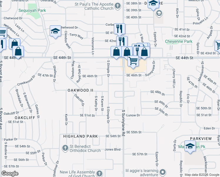 map of restaurants, bars, coffee shops, grocery stores, and more near 4905 Sunnydale Drive in Oklahoma City