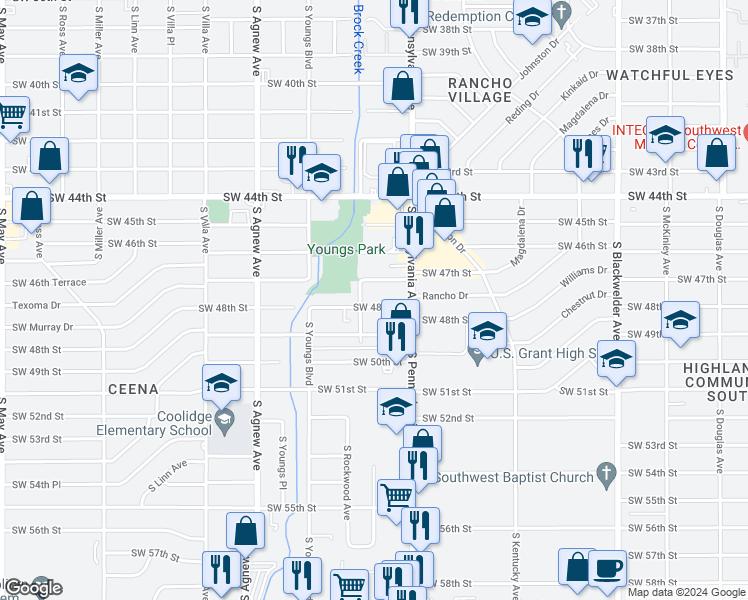 map of restaurants, bars, coffee shops, grocery stores, and more near 2132 Southwest 48th Street in Oklahoma City