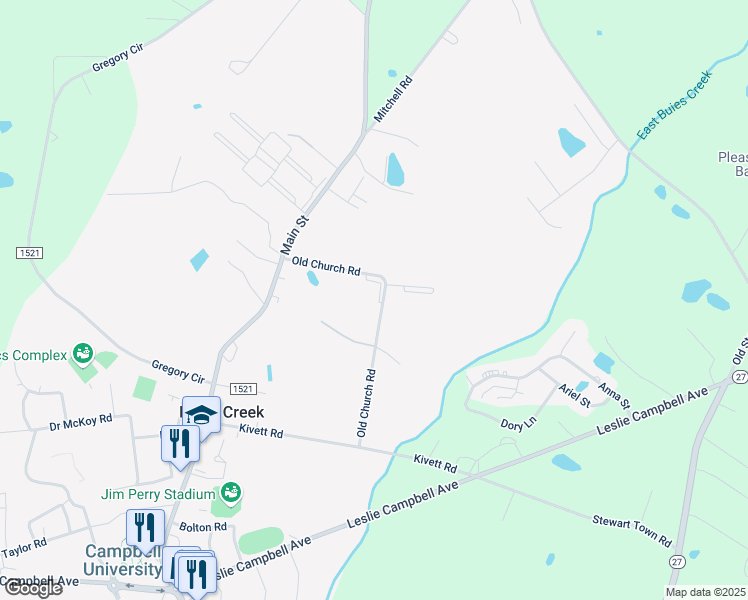 map of restaurants, bars, coffee shops, grocery stores, and more near 35 Wolf Creek Lane in Lillington