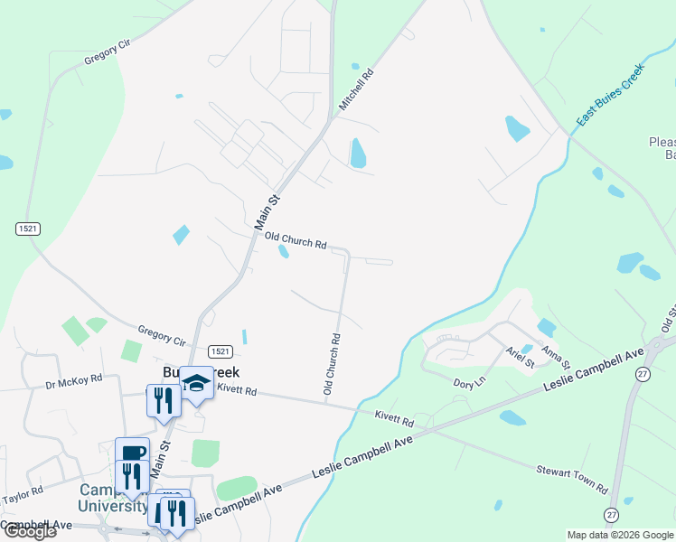 map of restaurants, bars, coffee shops, grocery stores, and more near 35 Wolf Creek Lane in Lillington
