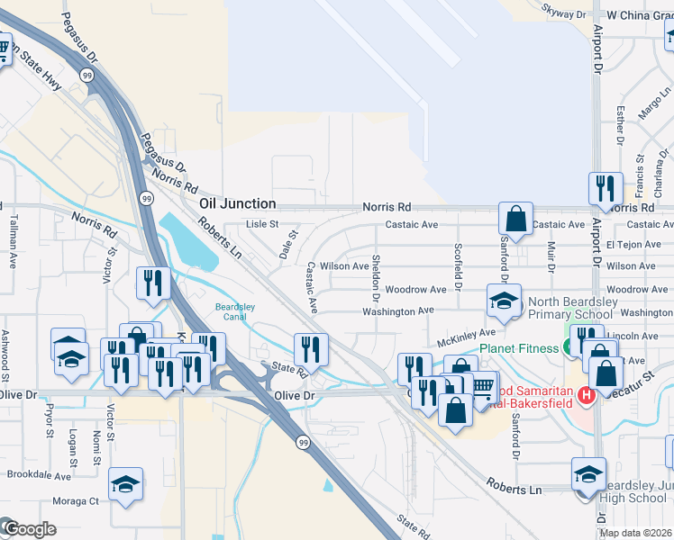 map of restaurants, bars, coffee shops, grocery stores, and more near 1319 Wilson Avenue in Bakersfield