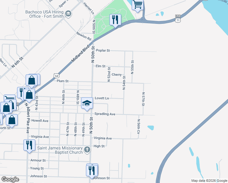 map of restaurants, bars, coffee shops, grocery stores, and more near 5211 Lovett Lane in Fort Smith