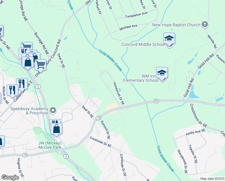 map of restaurants, bars, coffee shops, grocery stores, and more near 278 Honeycutt Drive Southeast in Concord
