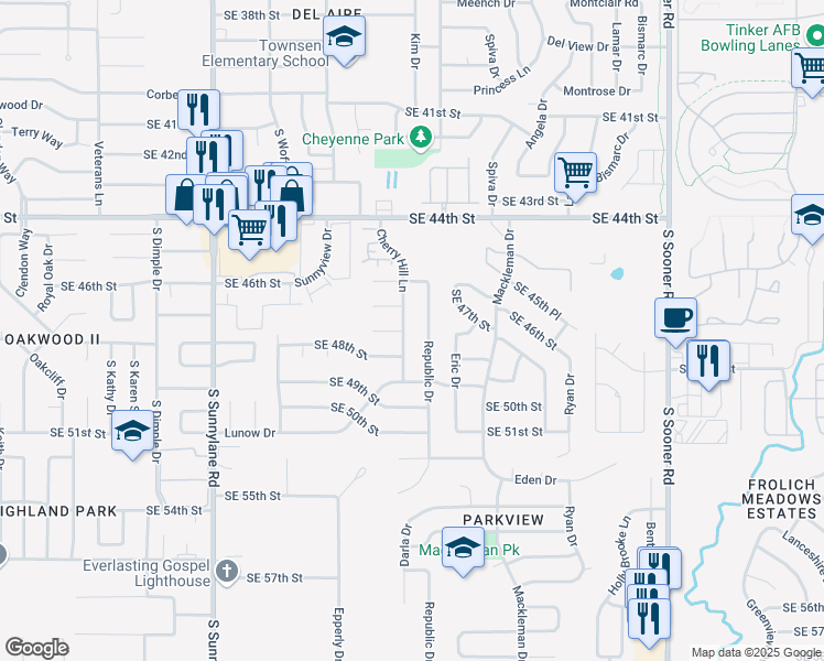 map of restaurants, bars, coffee shops, grocery stores, and more near 4716 Cherry Hill Lane in Oklahoma City