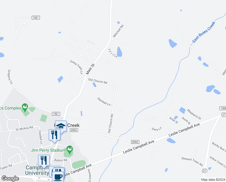 map of restaurants, bars, coffee shops, grocery stores, and more near 39 Wolf Creek Lane in Lillington