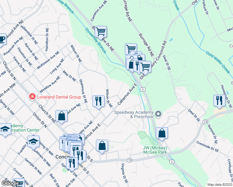 map of restaurants, bars, coffee shops, grocery stores, and more near 249 Jefferson Avenue Northeast in Concord