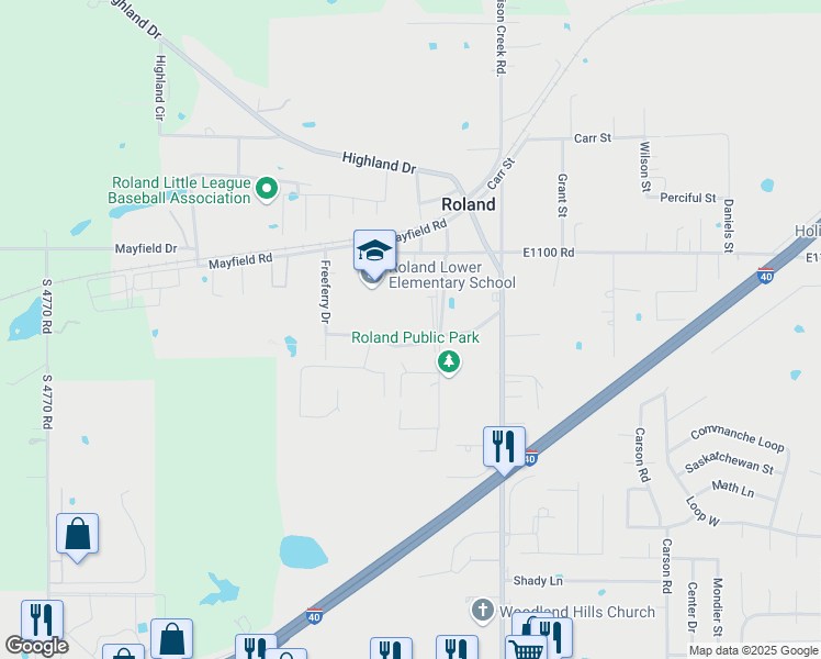 map of restaurants, bars, coffee shops, grocery stores, and more near 300 Ranger Boulevard in Roland