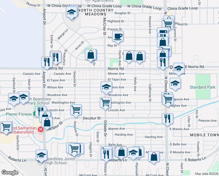 map of restaurants, bars, coffee shops, grocery stores, and more near 422 Woodrow Avenue in Bakersfield