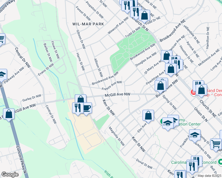 map of restaurants, bars, coffee shops, grocery stores, and more near 215 McGill Avenue Northwest in Concord