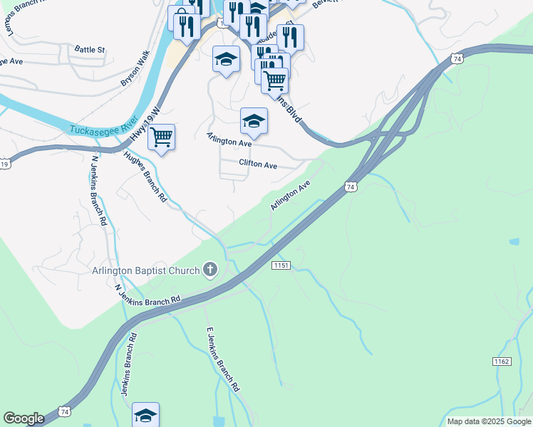 map of restaurants, bars, coffee shops, grocery stores, and more near 1070 Arlington Avenue in Bryson City