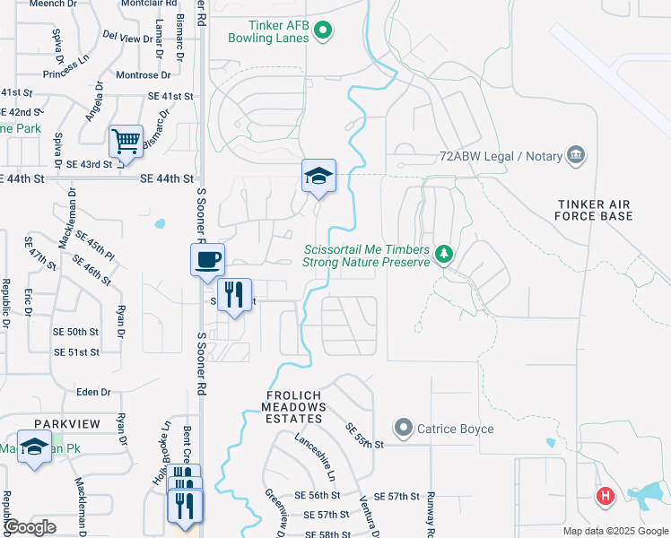 map of restaurants, bars, coffee shops, grocery stores, and more near 6100 Southeast 47th Street in Oklahoma City