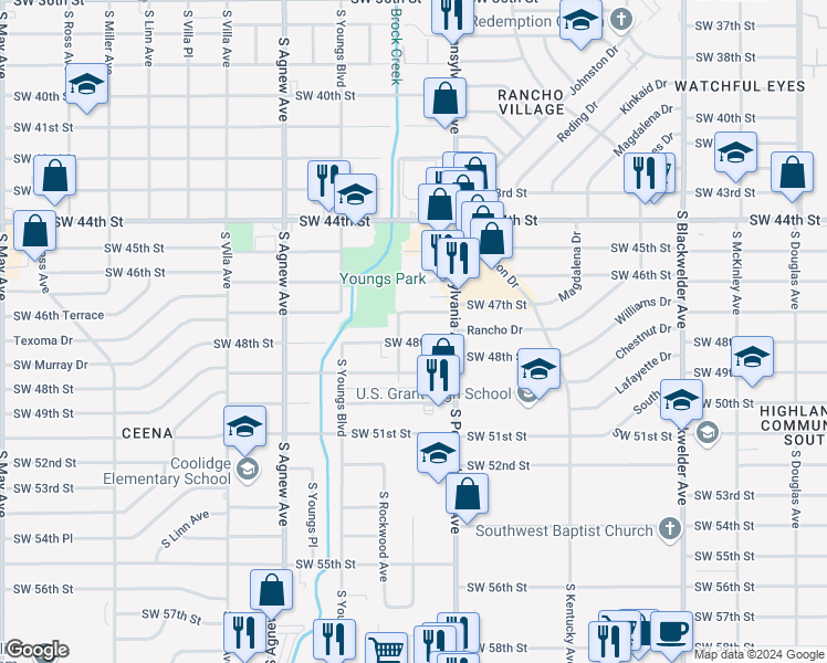 map of restaurants, bars, coffee shops, grocery stores, and more near 2132 Southwest 48th Street in Oklahoma City