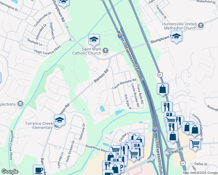 map of restaurants, bars, coffee shops, grocery stores, and more near 12119 Huntson Reserve Road in Huntersville