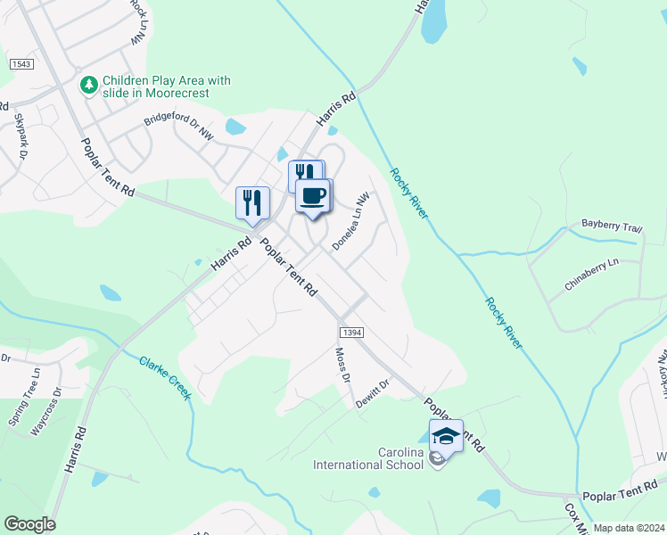 map of restaurants, bars, coffee shops, grocery stores, and more near 9879 Darby Creek Avenue Northwest in Concord