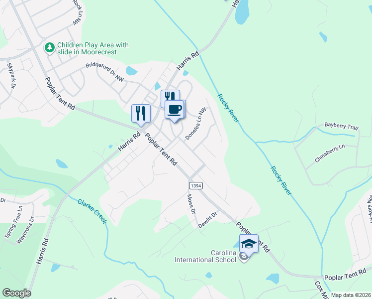map of restaurants, bars, coffee shops, grocery stores, and more near 9879 Darby Creek Avenue Northwest in Concord