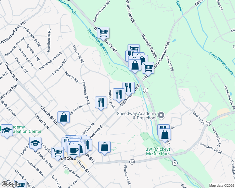 map of restaurants, bars, coffee shops, grocery stores, and more near 228 Jefferson Avenue Northeast in Concord