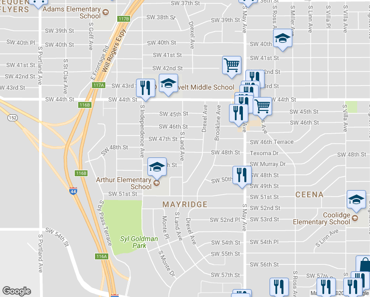 map of restaurants, bars, coffee shops, grocery stores, and more near 3129 Southwest 48th Street in Oklahoma City