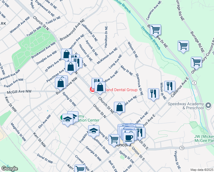 map of restaurants, bars, coffee shops, grocery stores, and more near Simpson Drive Northeast in Concord