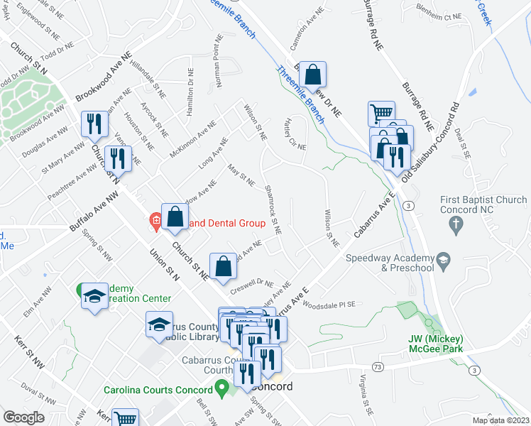 map of restaurants, bars, coffee shops, grocery stores, and more near 109 Shamrock Street Northeast in Concord