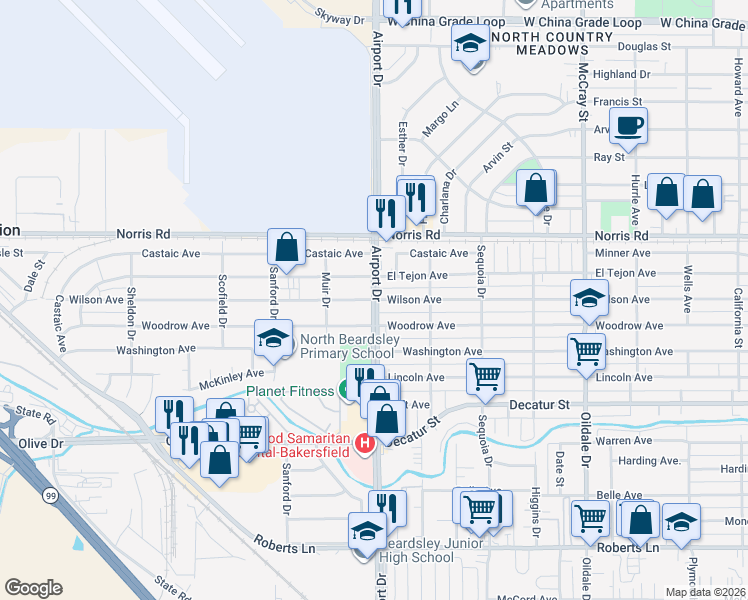 map of restaurants, bars, coffee shops, grocery stores, and more near Airport Drive & Wilson Avenue in Bakersfield