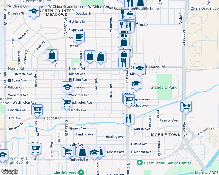 map of restaurants, bars, coffee shops, grocery stores, and more near 135A El Tejon Avenue in Bakersfield