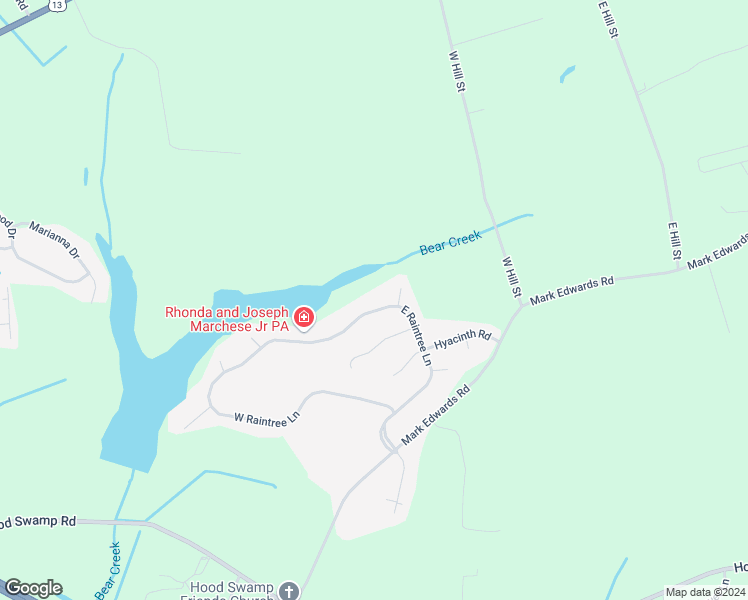 map of restaurants, bars, coffee shops, grocery stores, and more near 604 East Raintree Lane in Goldsboro