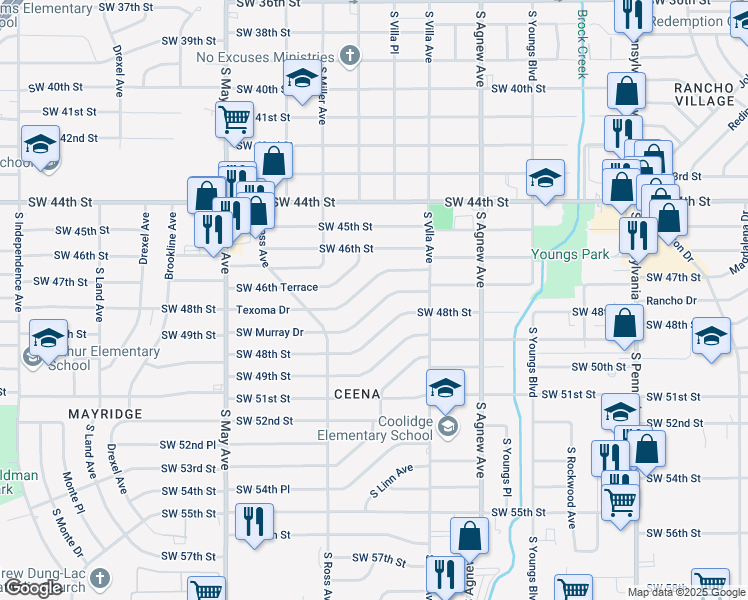 map of restaurants, bars, coffee shops, grocery stores, and more near 2540 Texoma Drive in Oklahoma City
