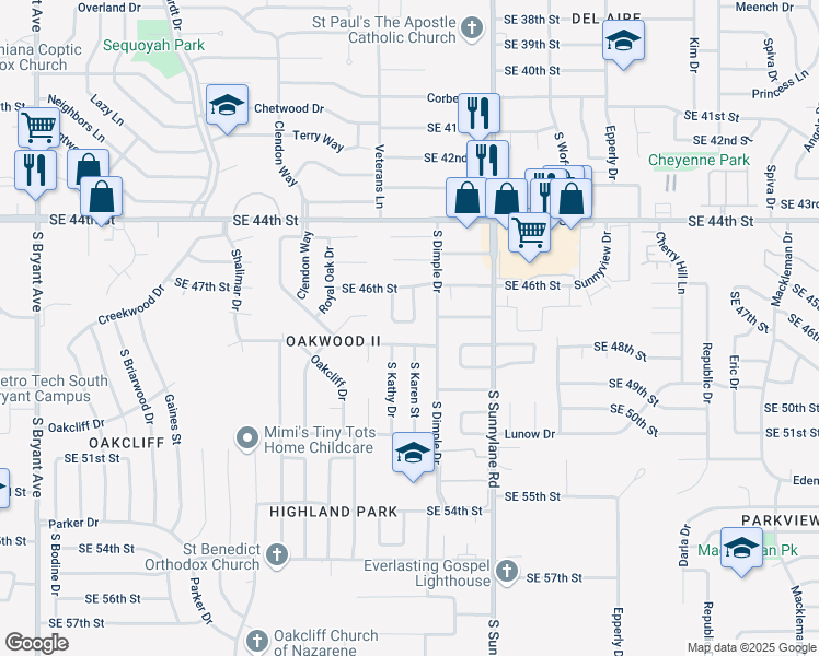 map of restaurants, bars, coffee shops, grocery stores, and more near 4709 South Karen Drive in Oklahoma City