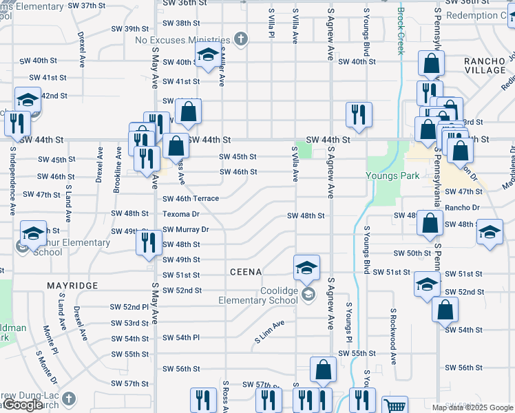map of restaurants, bars, coffee shops, grocery stores, and more near 2540 Texoma Drive in Oklahoma City