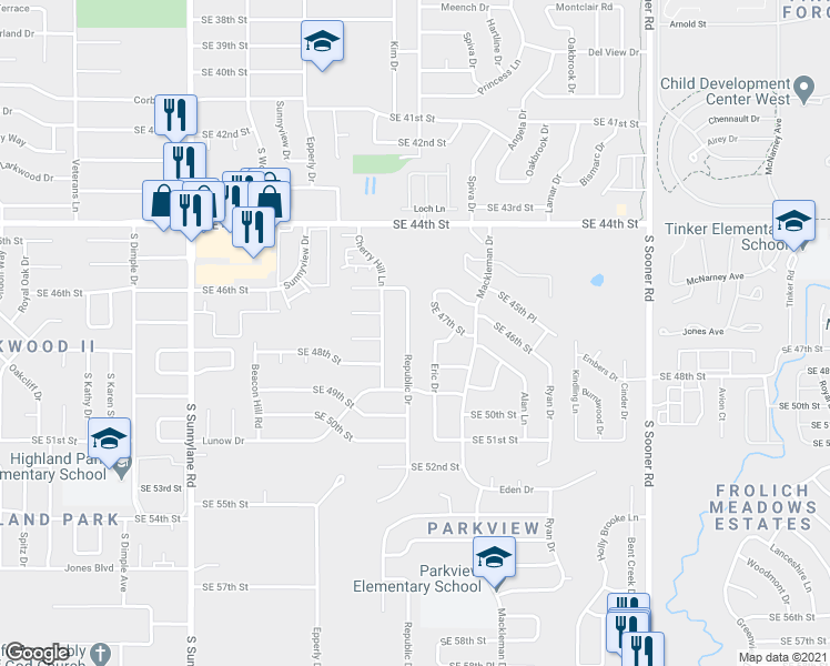 map of restaurants, bars, coffee shops, grocery stores, and more near 4712 Republic Drive in Oklahoma City