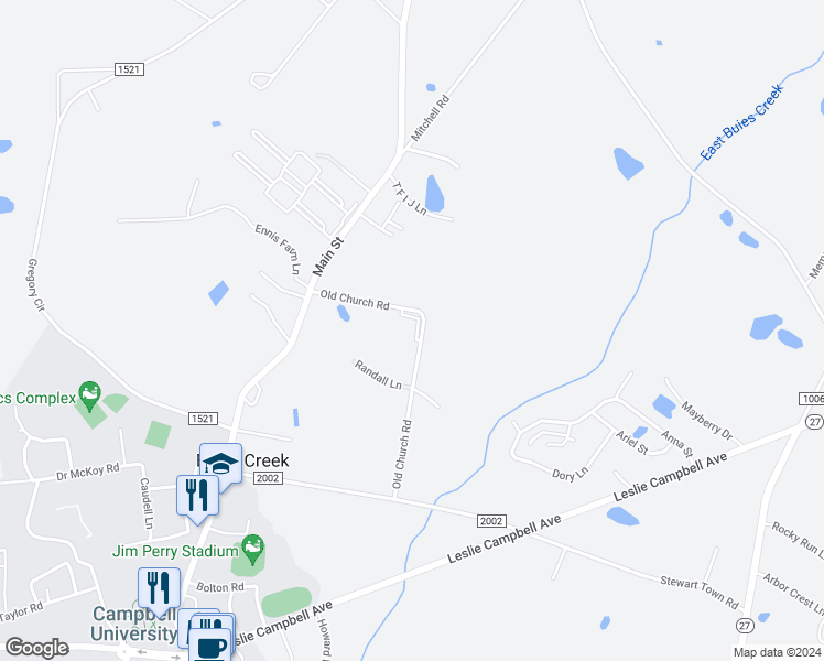 map of restaurants, bars, coffee shops, grocery stores, and more near 51 Wolf Creek Lane in Lillington
