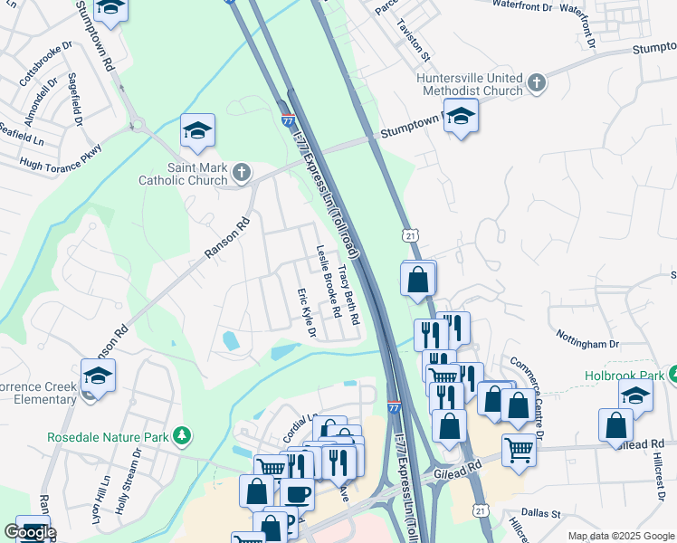 map of restaurants, bars, coffee shops, grocery stores, and more near 15255 Tracy Beth Road in Huntersville