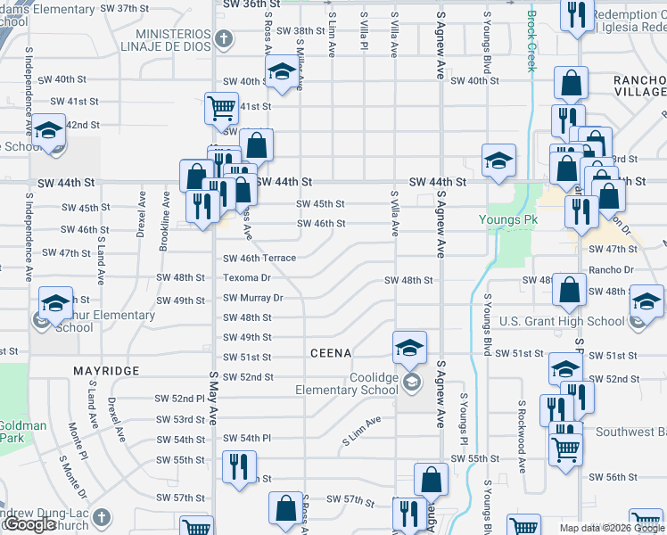 map of restaurants, bars, coffee shops, grocery stores, and more near 2628 Southwest 46th Terrace in Oklahoma City