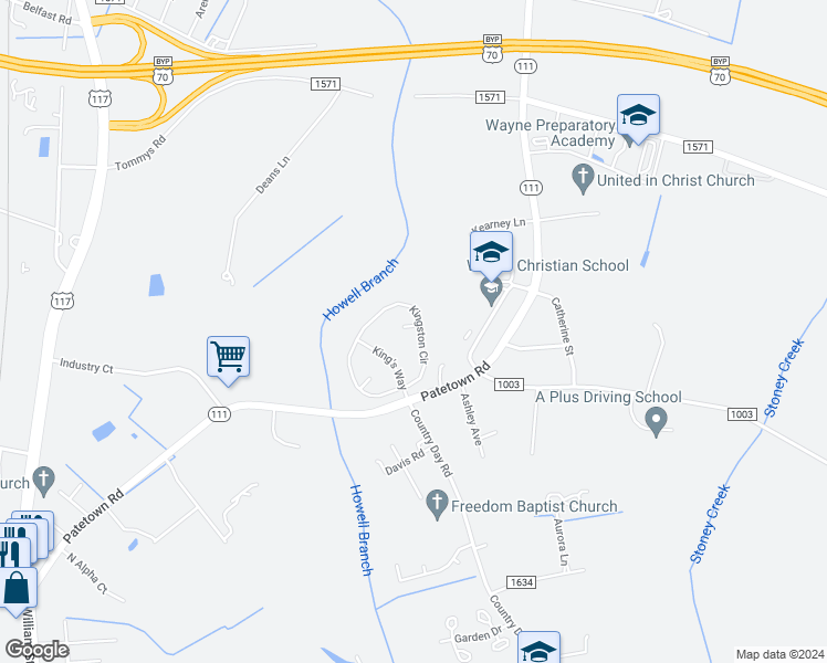 map of restaurants, bars, coffee shops, grocery stores, and more near 100 Windham Court in Goldsboro