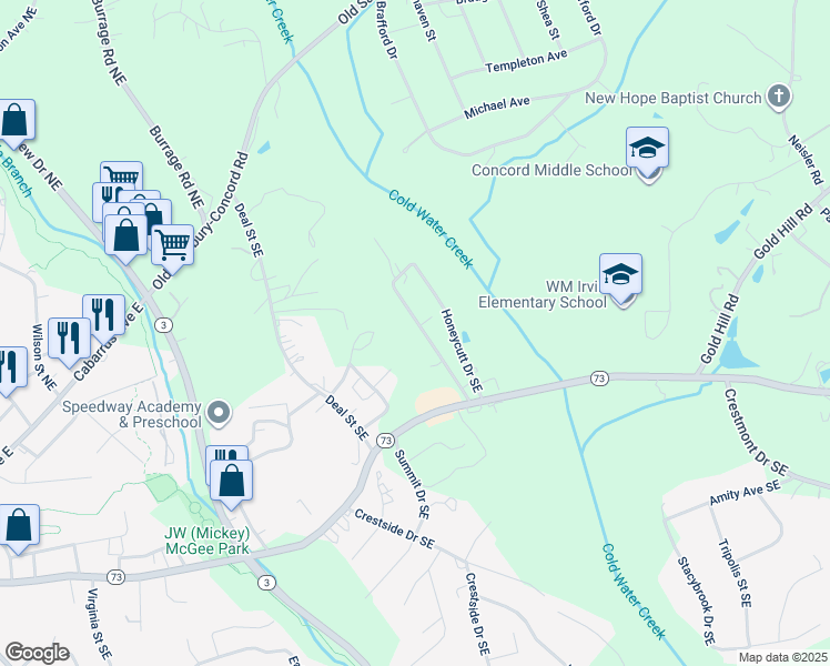 map of restaurants, bars, coffee shops, grocery stores, and more near 285 Honeycutt Drive Southeast in Concord